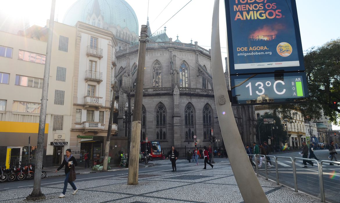 pessoas andando no centro de são paulo e o termômetro marcando 13ºC