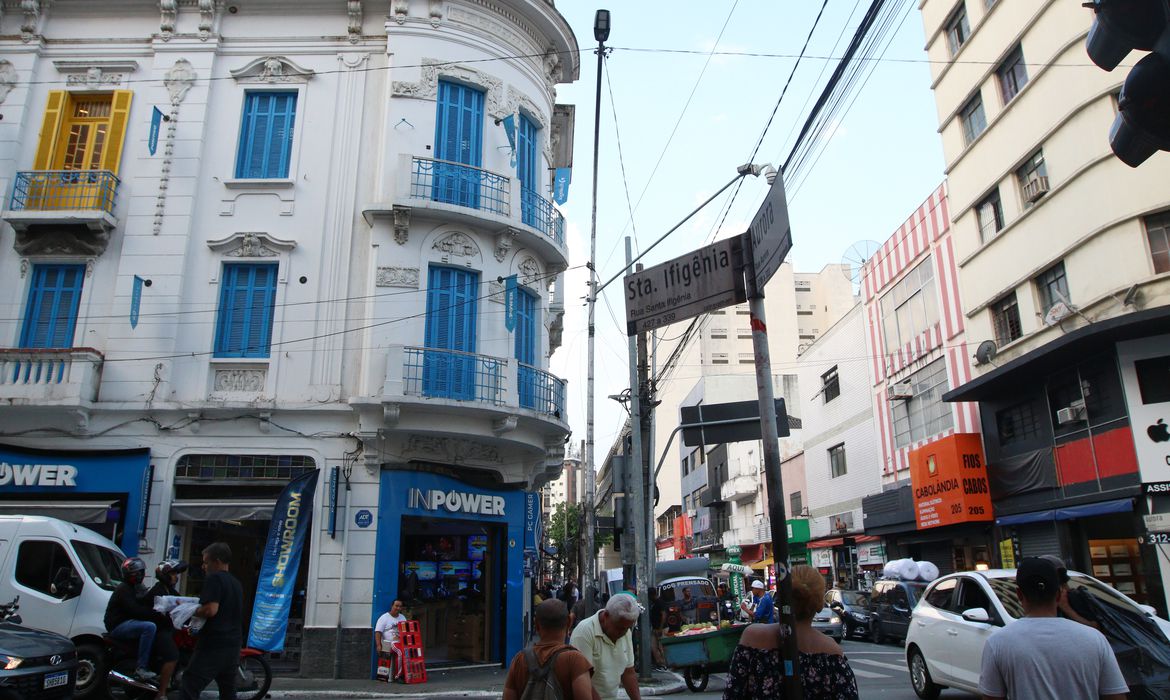 uma esquina do centro de são paulo com pessoas e carros circulando