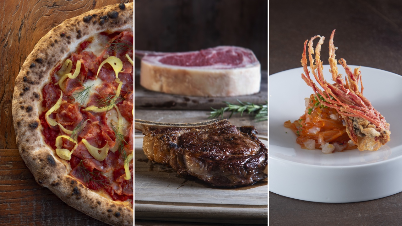 Três fotos verticais unidas por linha fina branca. À esquerda, foto aérea de pizza de calabresa. Ao centro, t-bone assado sobre tábua de madeira com peça crua atrás. À direita, prato de louça branca com camarão frito e ovas.