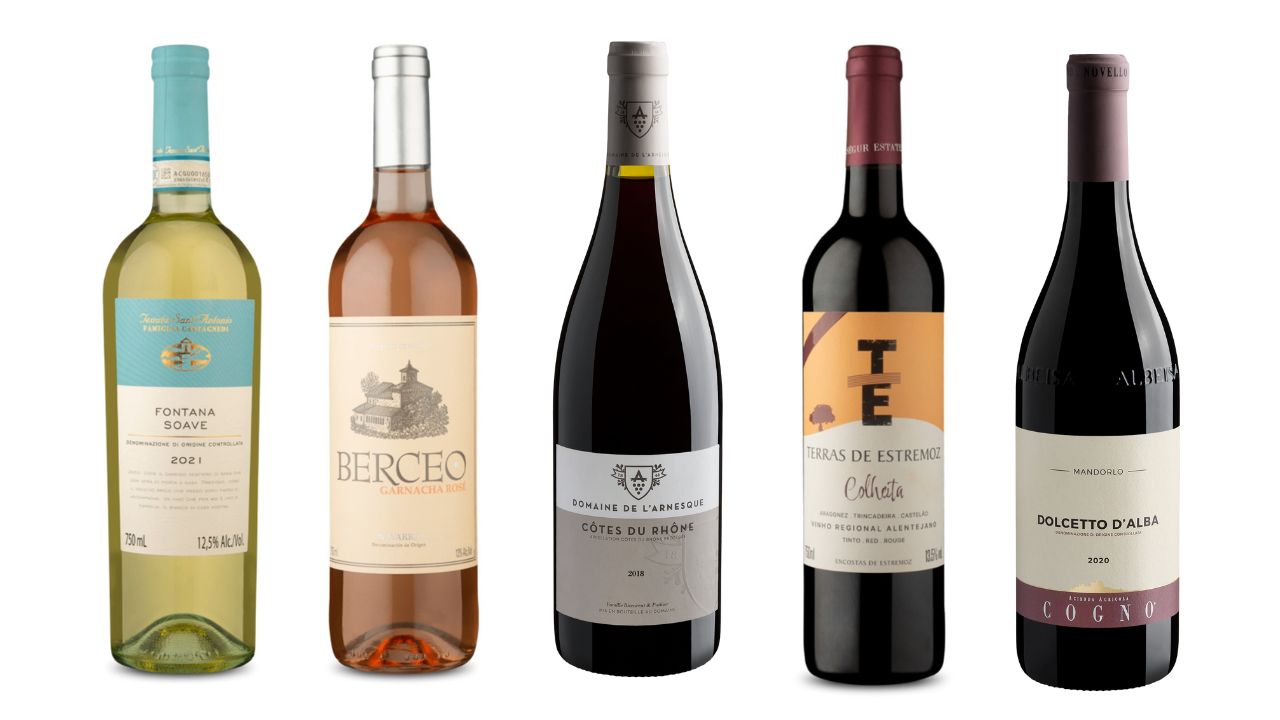 Cinco garrafas de vinho em fundo branco.