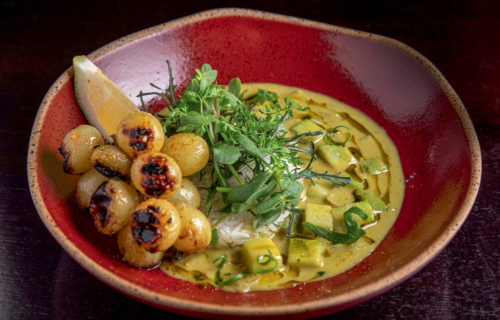 Prato fundo de cerâmica vermelha com curry verde de cubos de chuchu, uvas verdes grelhadas e fios de folhas variadas por cima.