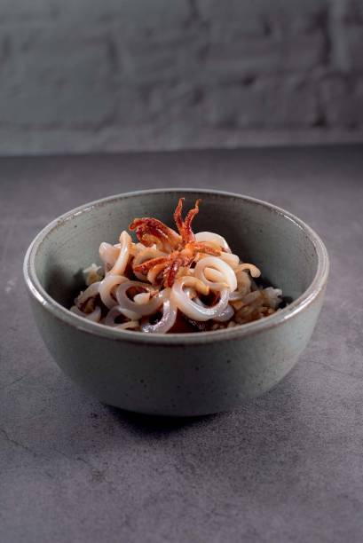 Arroz glutinoso: com carne de porco, lula, camarão e cebola frita Arroz glutinoso: com carne de porco, lula, camarão e cebola frita