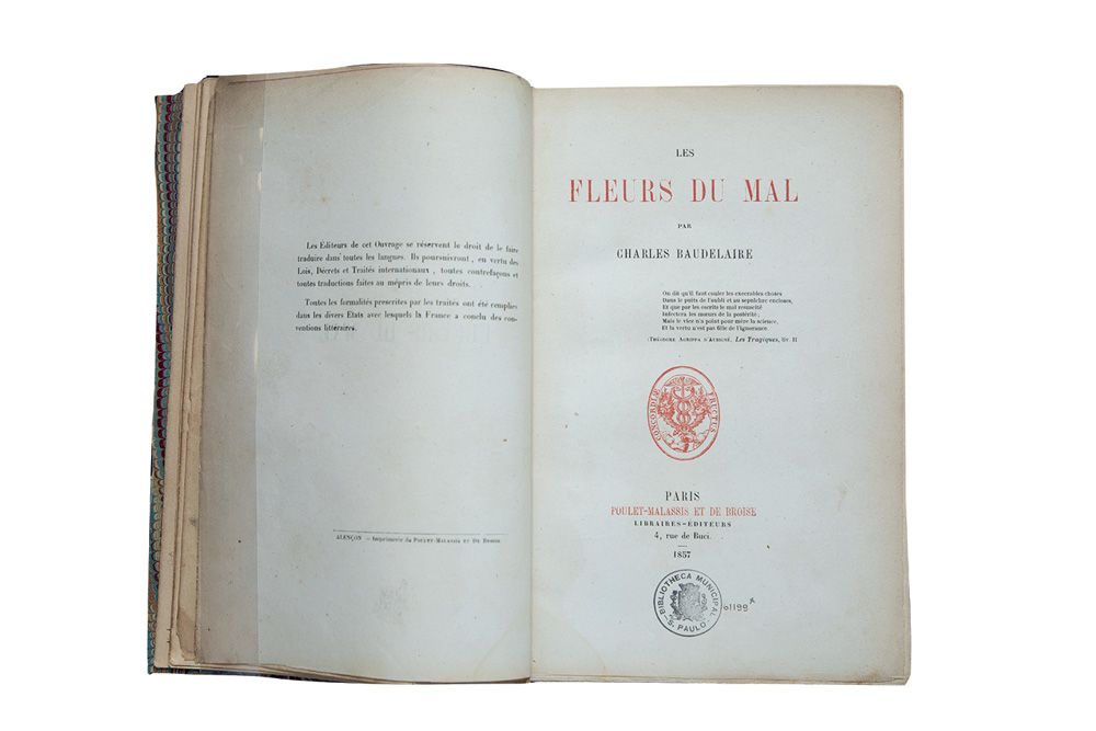flores do mal baudelaire livro raro Folha de rosto da primeira edição de 'Flores do Mal' antes da censura