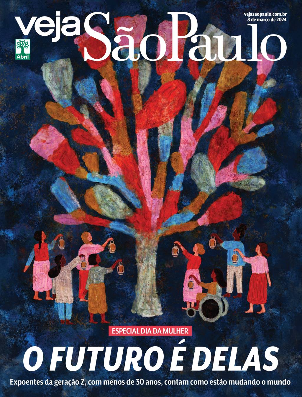 capa vejasp 2883 Imagem mostra ilustração com um árvore colorida ao meio e várias mulheres no entorno, segurando pequenas lamparinas