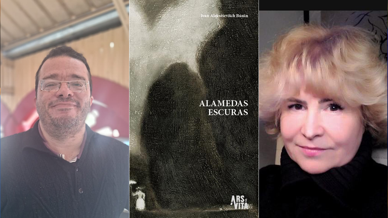 Três imagens verticais unidas por linha fina branca. À esquerda, homem branco. Ao centro, capa do livro Alamedas Escuras. À direita, mulher loira.