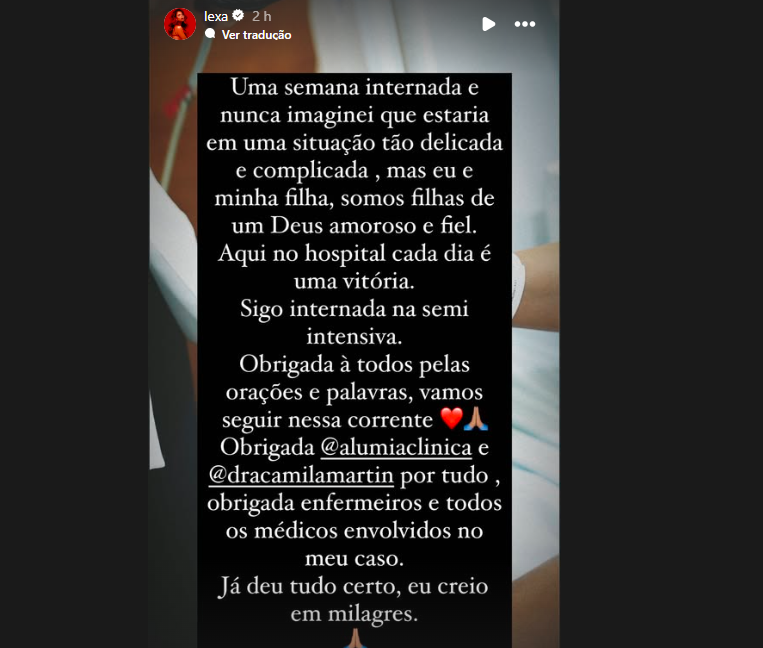 Lexa atualizou estado de saúde no Instagram