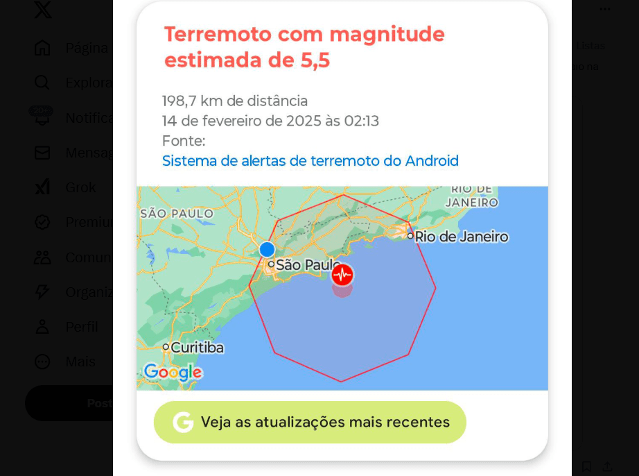 Aviso que usuários do Android receberam sobre terremoto