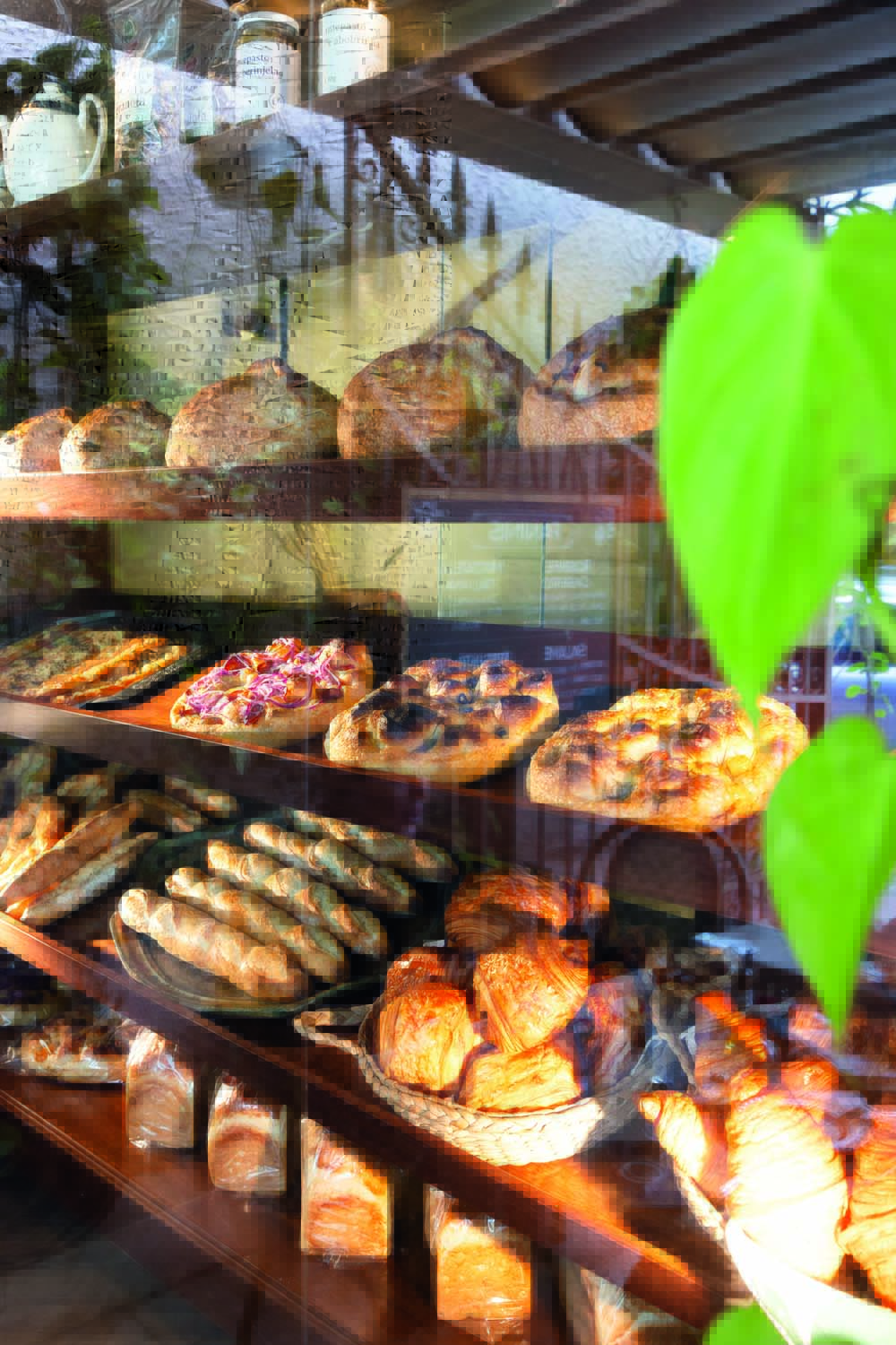 Oli Pane i Salumeria Vitrine com pães e outros itens em prateleiras de madeira