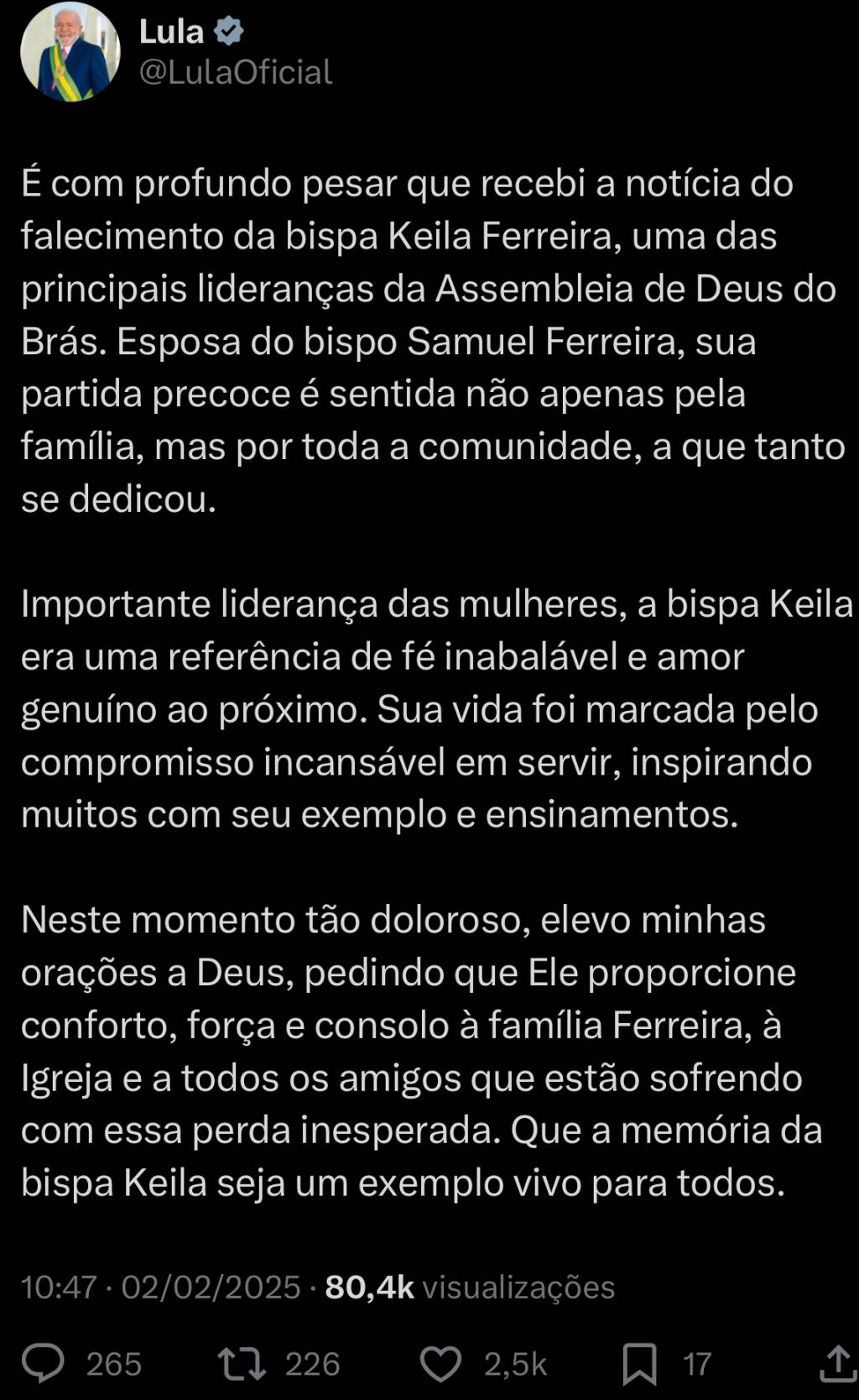 Keila Ferreira Nota do presidente Lula
