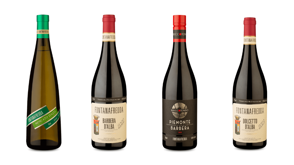 Alguns dos rótulos selecionados pela Bodegas Grupo Wine Fontanafreddas D.O.C.G. Moscato d'Asti 2023, Briccotondo D.O.C. Piemonte Barbera 2023, D.O.C. Barbera d'Alba 2022, D.O.C. Dolcetto d'Alba 2023
