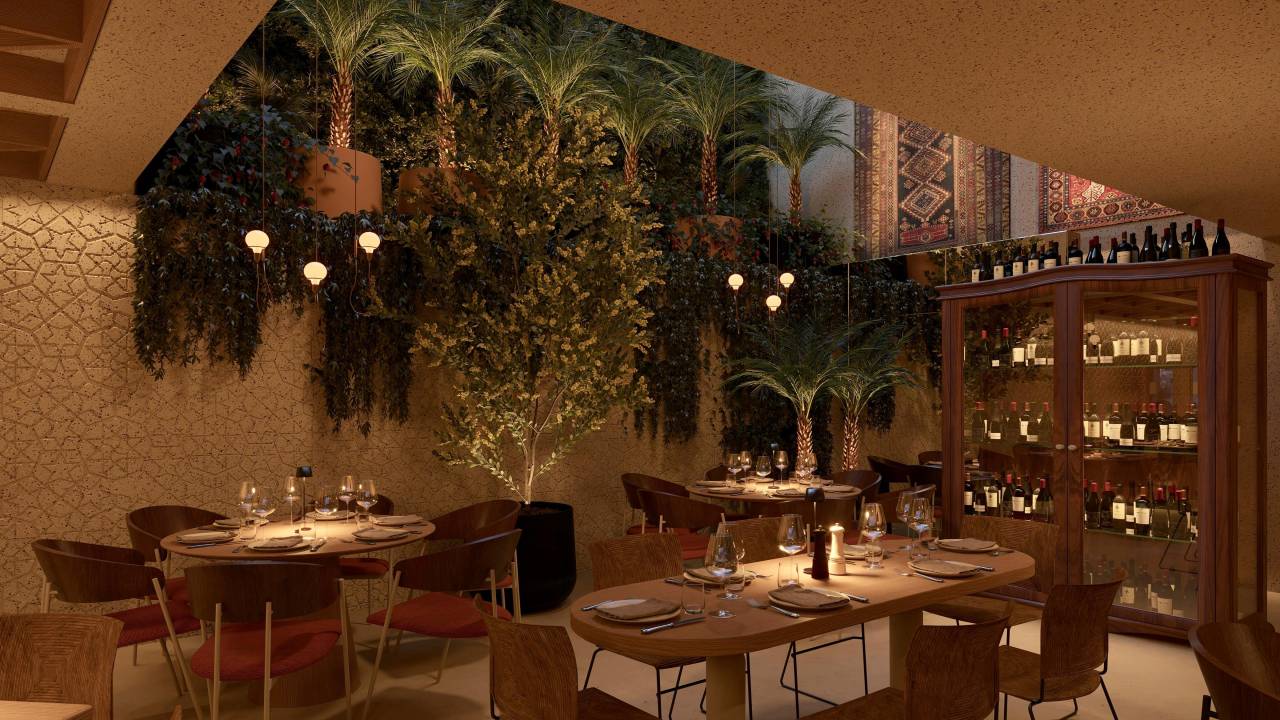 Projeto de restaurante com mesas e cadeiras e plantas no fundo
