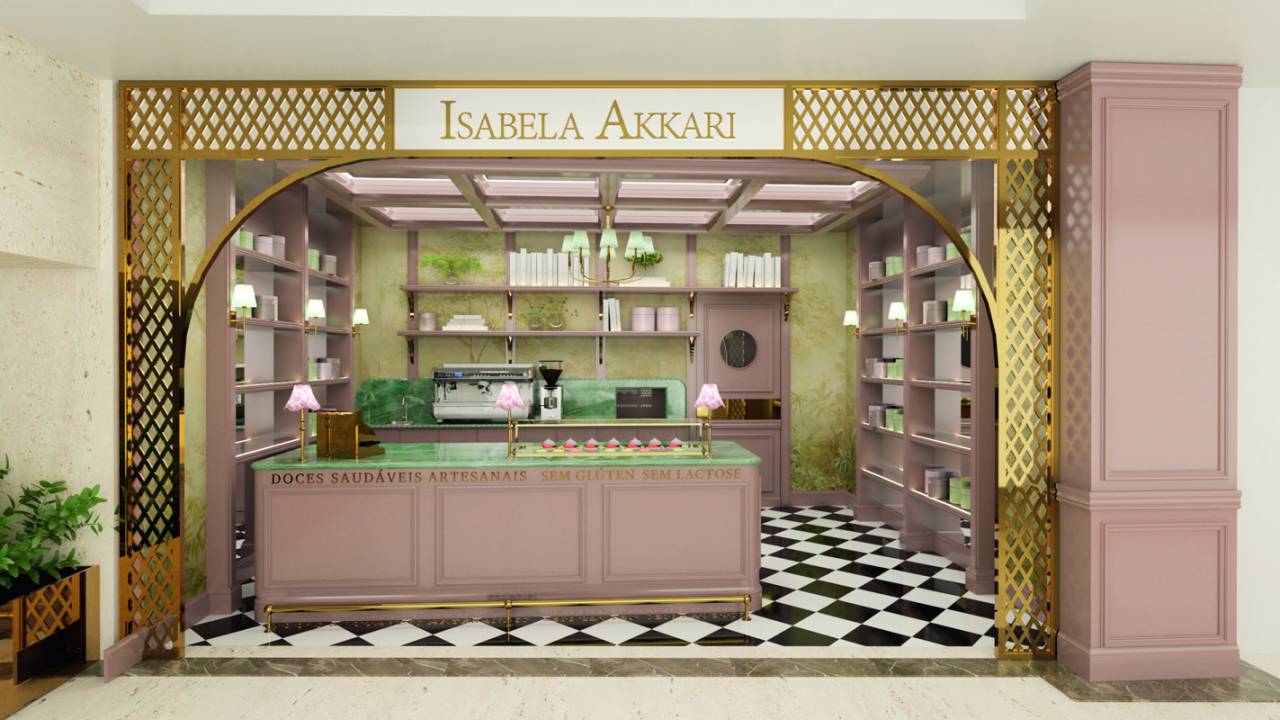 Projeto rosa da unidade no shopping com estante e vitrine
