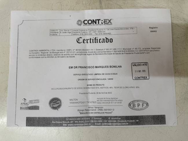 PM Martinópolis - Escola Municipal Francisco Marques Bonilha - Limpeza da caixa d'água em 2023.