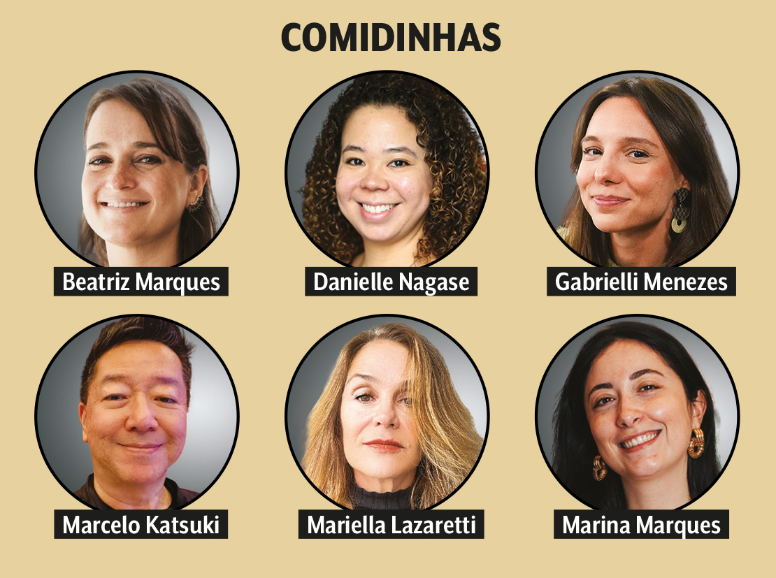 Quadro de jurados de comidinhas: Beatriz Marques, Danielle Nagase, Gabrielli Menezes, Marcelo Katsuki, Mariella Lazaretti e Marina Marques Comer e Beber SP 2025