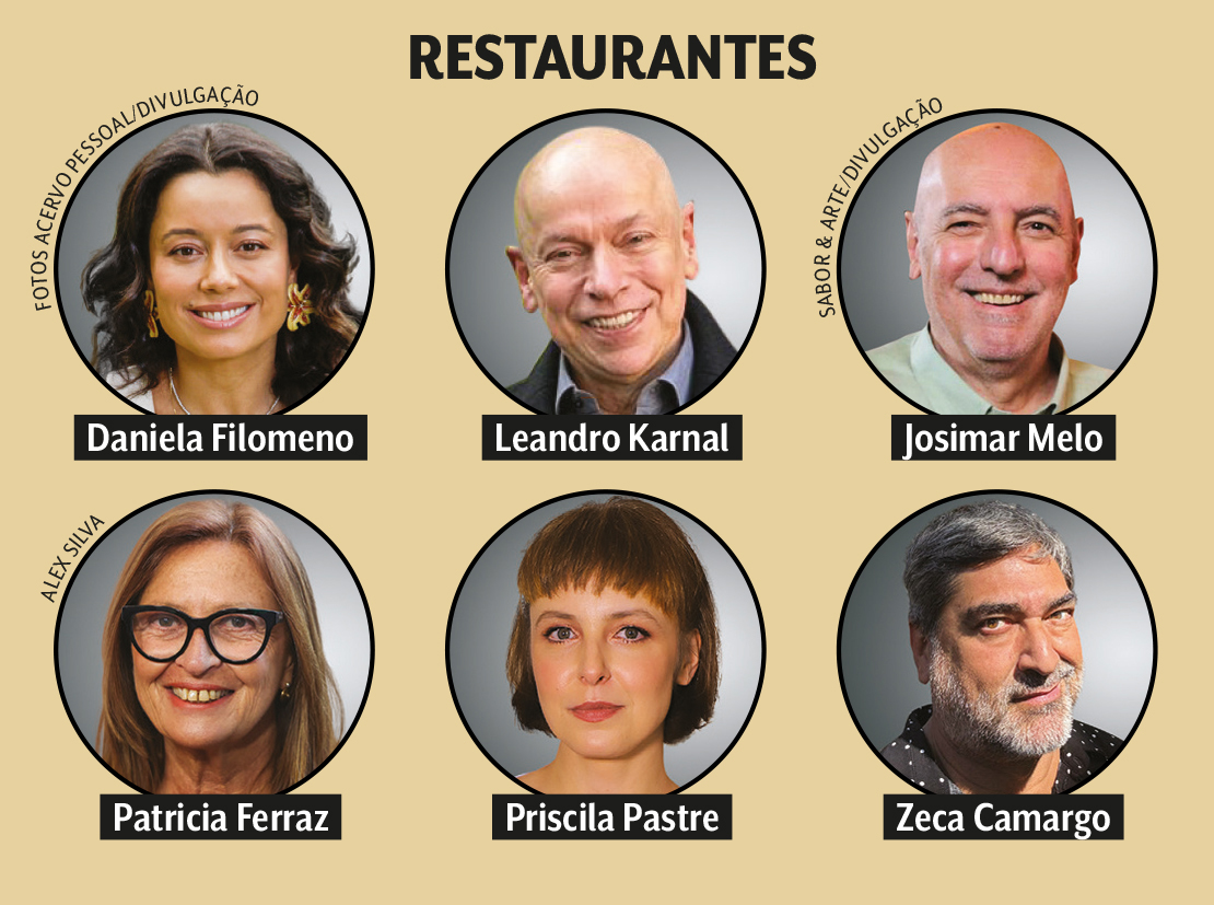 Quadro de jurados de restaurantes: Daniela Filomeno, Leandro Karnal, Josimar Melo, Patricia Ferraz, Priscila Pastre e Zeca Camargo Comer e Beber SP 2025