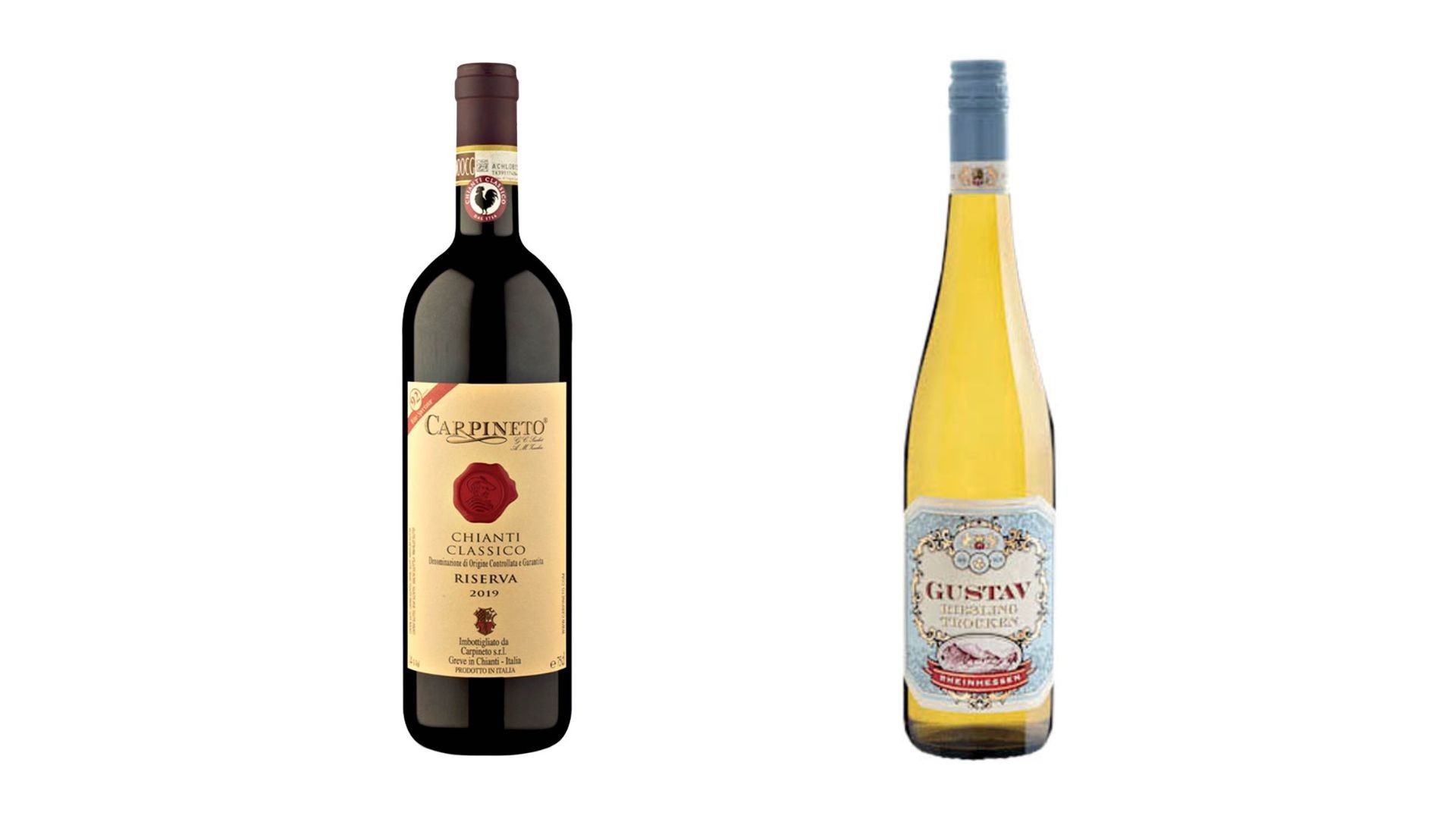 Duas garrafas de vinho em fundo branco: &agrave; esquerda, vinho tinto Cappineto Chianti Classico Riserva 2019 com selo vermelho; &agrave; direita, vinho branco Gustav Riesling Trocken com r&oacute;tulo azul claro e detalhes florais