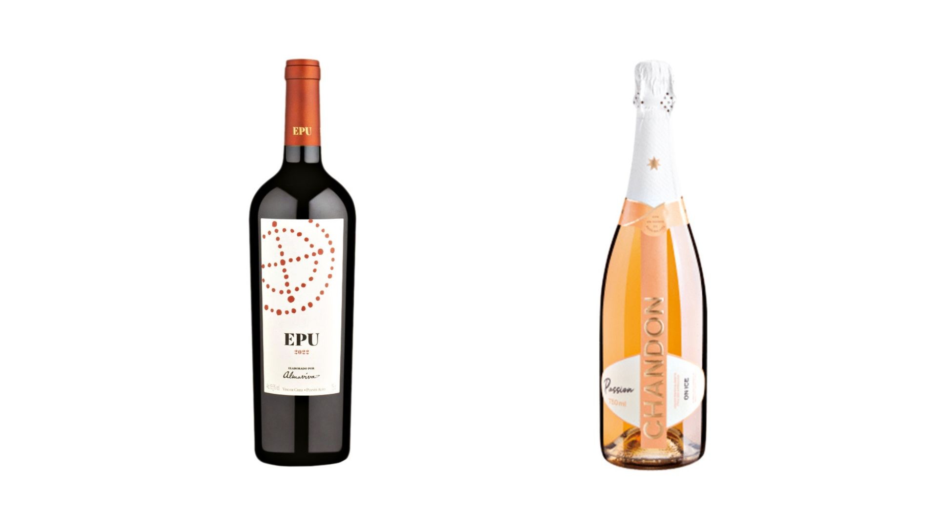 Garrafa de vinho tinto EPU 2012 com r&oacute;tulo branco e pontos vermelhos, ao lado de uma garrafa de espumante ros&eacute; Chandon Passion com r&oacute;tulo branco e dourado